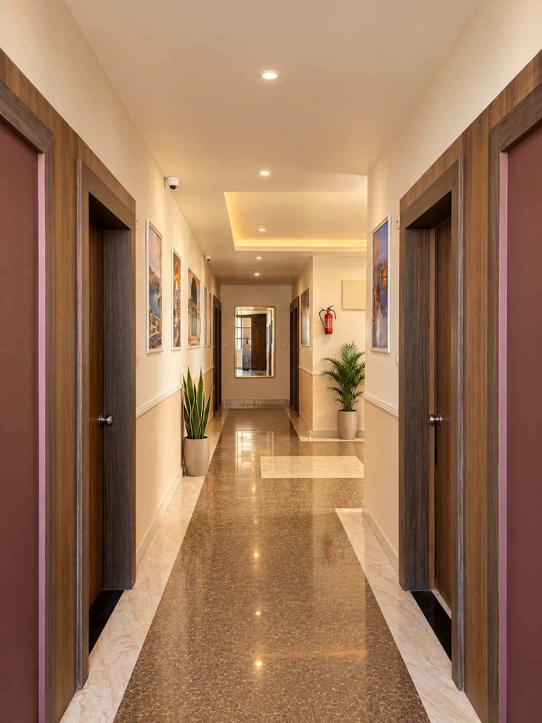 Warmly lit Udaipur boutique hotel corridor