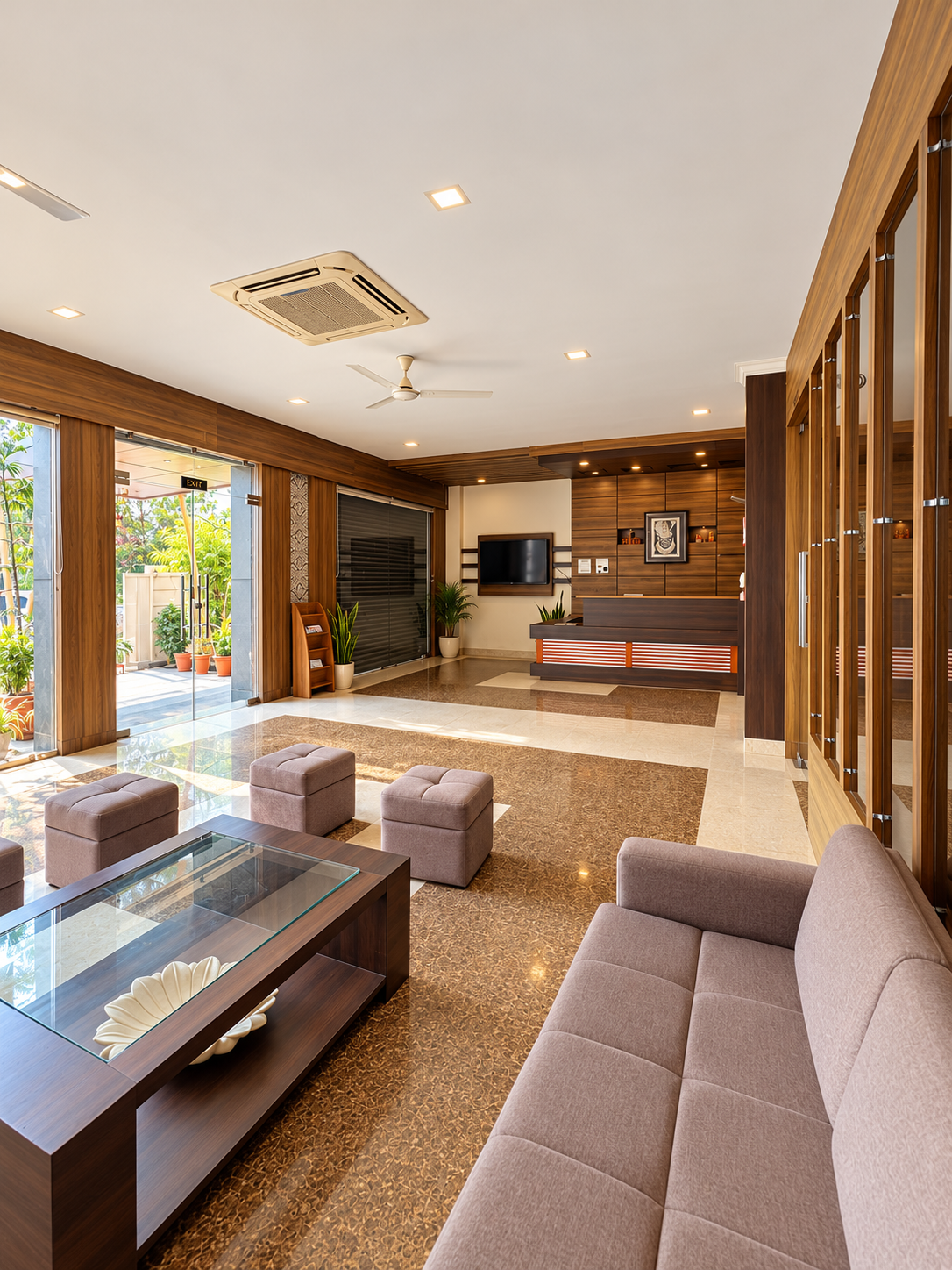 Bright, polished hotel lobby reception